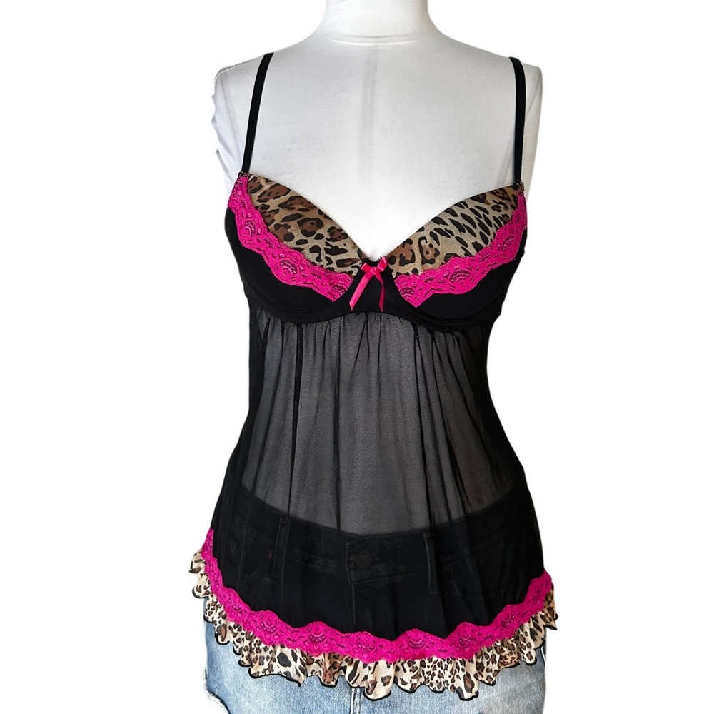 Vintage y2k Babydoll Medium Black Pink Leopard Print Lace Intimate Attitudes